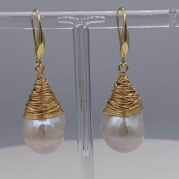 Earrings, new, real baroque pearl, impressive size, gold plated sterling silver - Picture 1 of 17